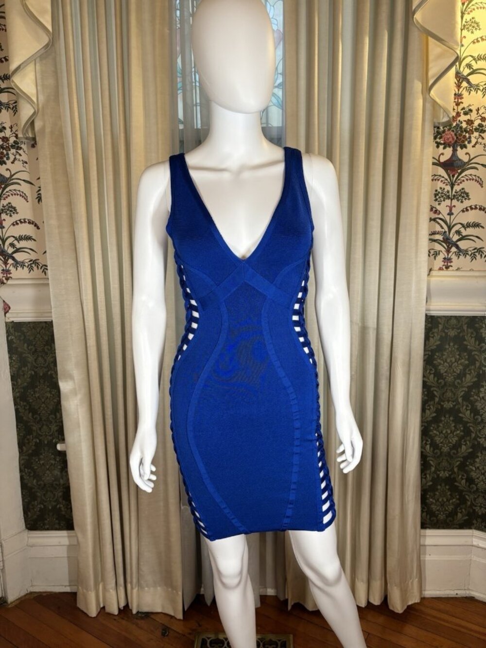 WOW Couture Royal Blue Bandage Dress S Braided Ladder Cut Out Deep V Bodycon